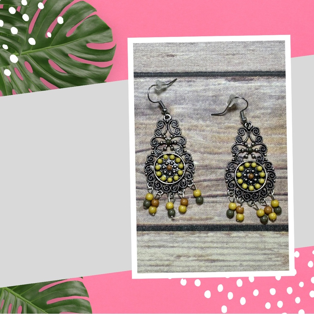 Yellow/Olive and silver earrings